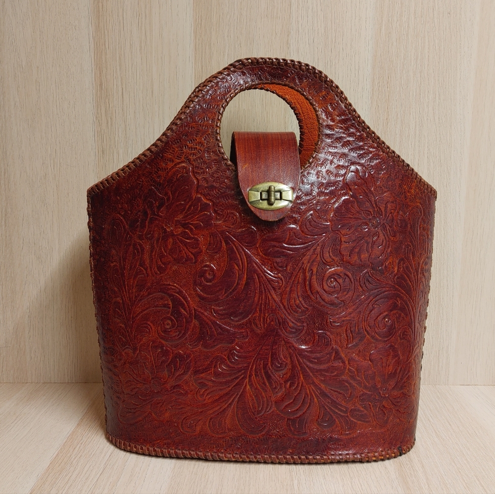 Vintage Tooled Leather Handbag Tote Floral 14"